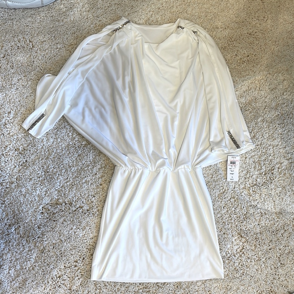 New cache dress rhinestones bling white small holiday short drape front